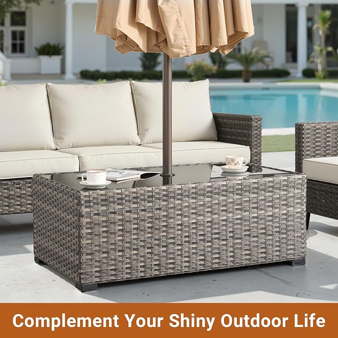HOOOWOOO Outdoor Patio Side Table with Umbrella Hole,Wicker Coffee End Table Glass Top,Umbrella Table with 1.64" and 2" Hole for Yard,Deck,Porch,Garden(Rectangle Brown)