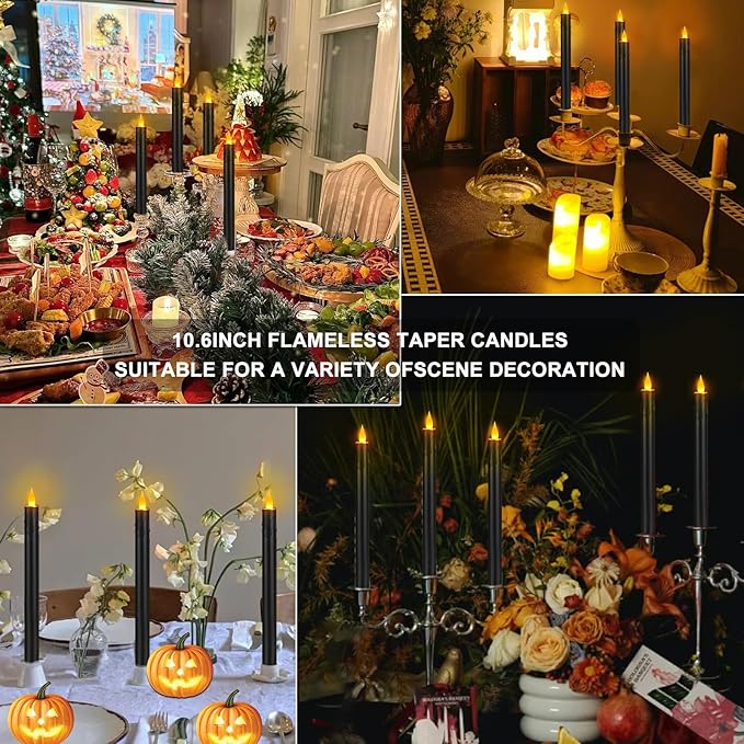 wemarry Flameless Taper Candles 10.6" Dripless Battery Operated Taper Candles Included Remote Timer 400+ Hours by 2AA Batteries for Halloween Christmas Wedding (Black, 6 Pack)