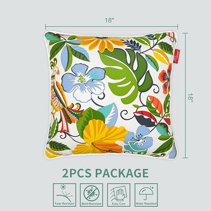 Pcinfuns Pack of 2 Outdoor Throw Pillows,18x18 Inch All-Weather Water-Resistant Patio Pillows with Inserts,Decorative Pillows for Patio Furniture,Couch,Sofa,Poolside,Flower Bird