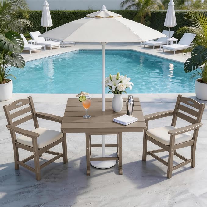 3 Piece Outdoor Patio Dining Set, HDPE 37.8" Square Dining Table & 2 Comfortable Armchairs, 1.77" Umbrella Hole, Heavy Duty Poly Bistro Furniture for Balcony, Porch, Garden, Poolside, Weathered Wood