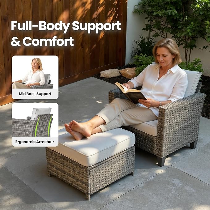 7 Piece Wicker Patio Furniture Set with Firepit Table, Gray | Outdoor Deep Seating Sofa Chair Ottoman, Firepit, Solar Lights Table, Modern Conversation Set, Porch Deck Backyard