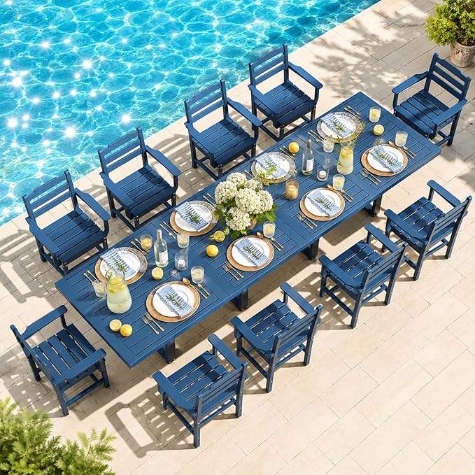 WACASA 12-Piece HDPE Outdoor Dining Set for 10, Weatherproof Poly Lumber Patio Set, Steel-Reinforced Dining Table and Chairs with Umbrella Hole, Blue