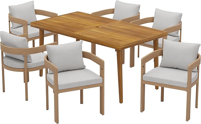 Merax 7 Piece Outdoor Patio Dining Set for 6, Patio Furniture Set with 6 Teak Finished Aluminum Dining Chair with Light Gray Cushions & Acacia Wood Table, Patio Conversation Set for Desk Garden