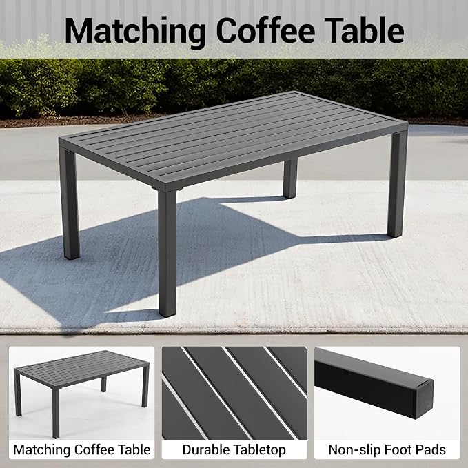 2-Piece All-Weather Metal Patio Furniture Set, Cushioned Loveseat 2 Seats Sofa Bench w/Coffee Table, Heavy Duty Steel Frame & Washable Cushions for Backyard Garden (Grey)