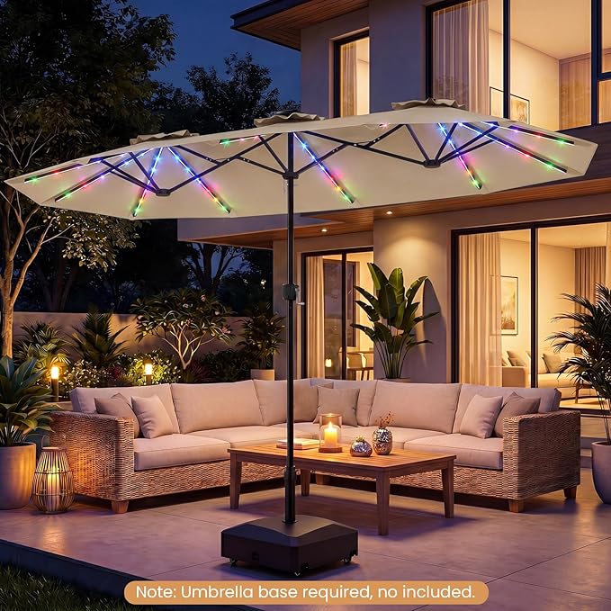 Tangkula 13 Ft Solar Patio Umbrella, Double-Sided Extra Large Outdoor Market Table Umbrella with 108 Multi-Colored Flowing LED Lights, Crank Handle, 12 Sturdy Ribs for Poolside, Garden & Backyard (Beige)