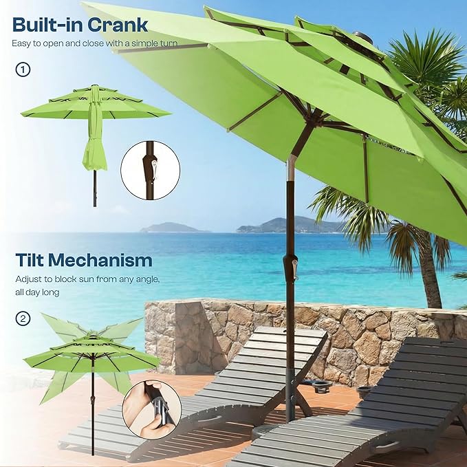 10ft Patio Umbrella, 3 Tier Outdoor Market Table Umbrellas with 8 Fiberglass Ribs and Push Button Tilt, Windproof, Vented Canopy, UV Protection for Deck, Pool, Backyard