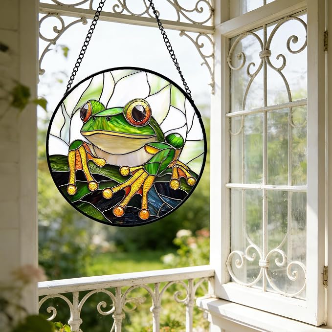 DASTOLL Stained Glass Window Hanging, Green Frog White Petals Sun Catchers Colorful Glass Panel Cute Suncatcher Decor for Birthday for Women, Men, Wife, Aunt, and Mom 14.9x14.9 in