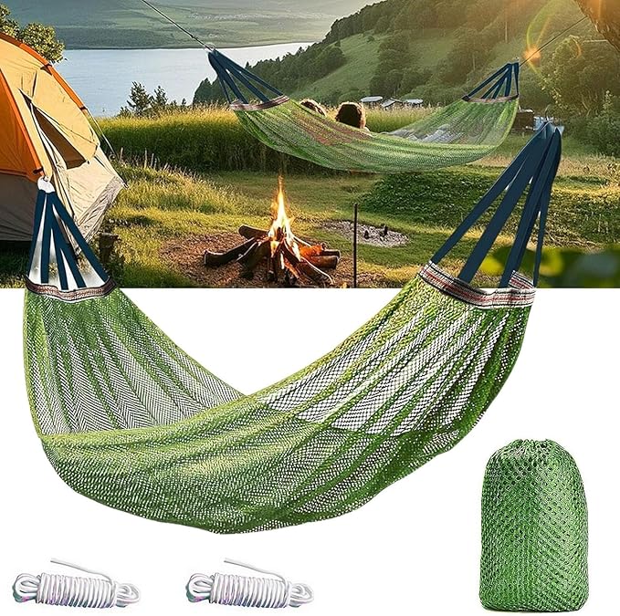 Camping Hammock Nylon Mesh Portable Hanging Bed Outdoor Hammock for Adults 440lbs Capacity, Anti-Roll Breathable Hammocks for Hiking Travel Beach Garden Backpacking(Green)