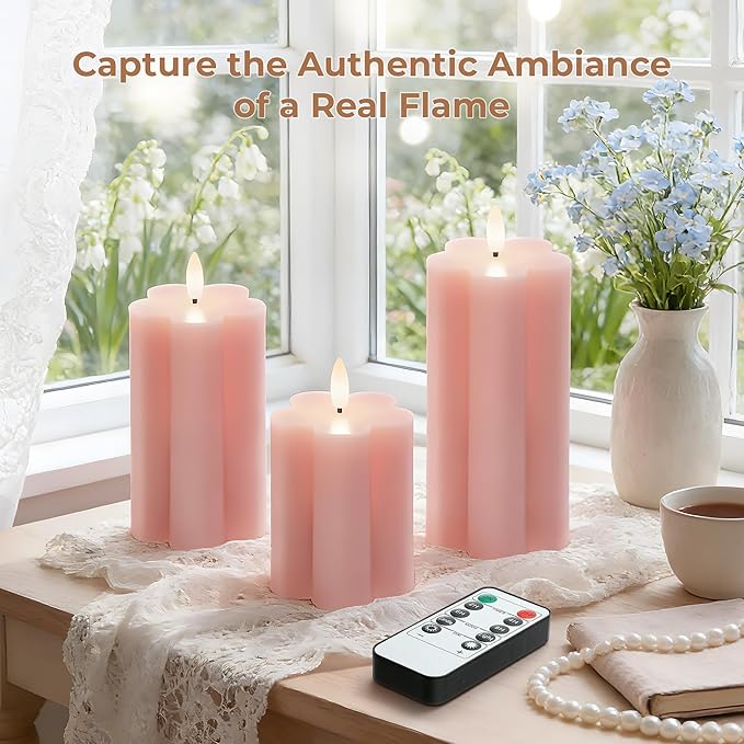 Pink Flower Flameless Candles with Remote and Timer Real Wax Made LED Pillar Candles Battery Operated with 3D Flickering Flame Indoor Use Spring Decor, 3" x 4",5",6", Set of 3