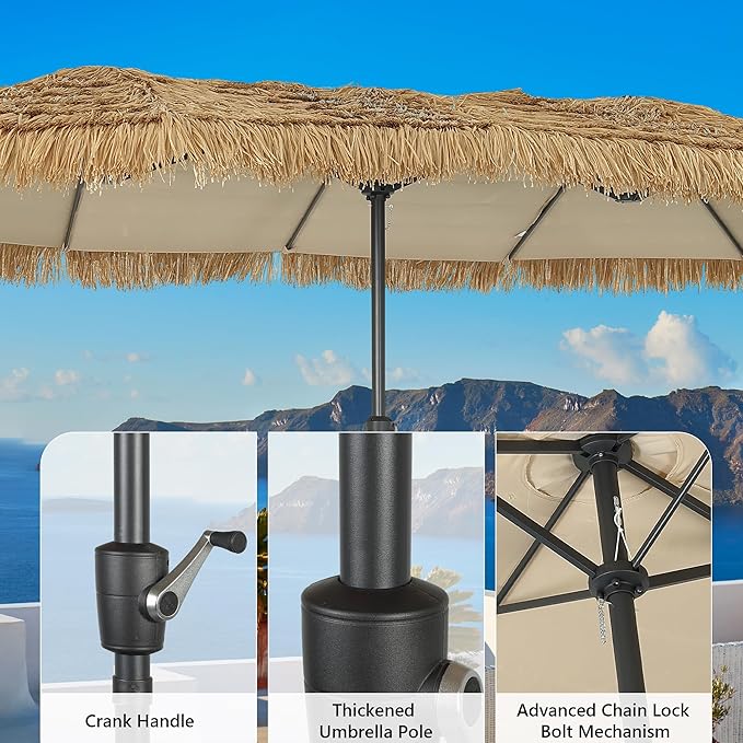 15 ft Patio Tiki Umbrella, Large Rectangle Outdoor Straw Umbrella with Matching Base for Market, Beach, Garden, Yard