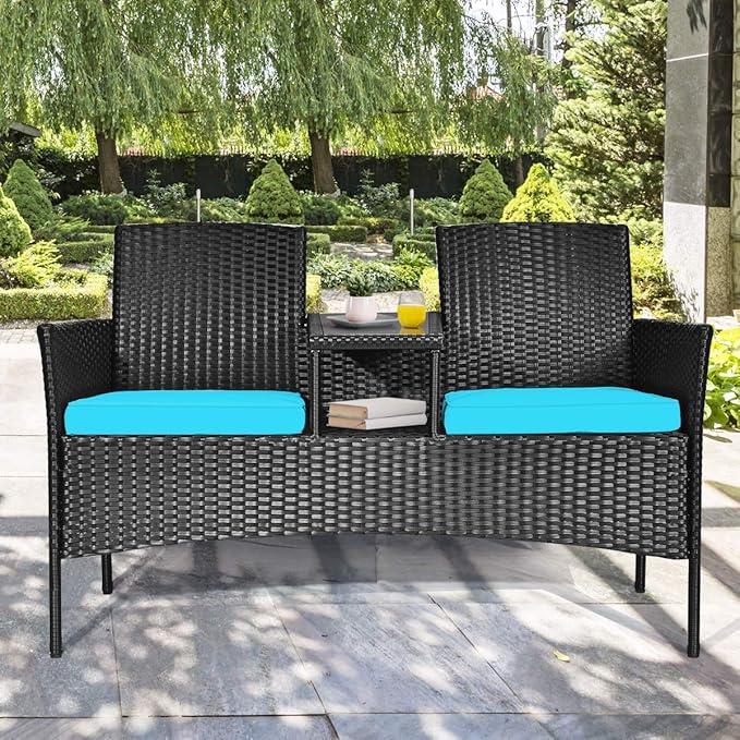 Outdoor Love Seat Set Patio Conversation Set with Cushion & Built-in Coffee Table, Outdoor Rattan Sofa Furniture Set for Garden, Lawn, Backyard (Turquoise)