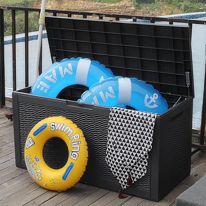 DIKEP 100 Gallon Polypropylene(PP) Deck Box Lockable Outdoor Storage Box for Patio Furniture Cushions, Garden Tools, Pool Supplies | Built-in Handles Waterproof Storage Container, Black