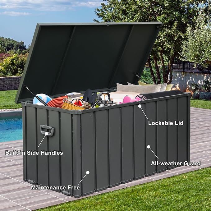 Domi Deck Box 150 Gallon Outdoor Storage Box, Large Metal Storage Cabinet Waterproof Lockable Container for Patio Furniture Cushions Garden Tools Pool-Supplies, Dark Grey