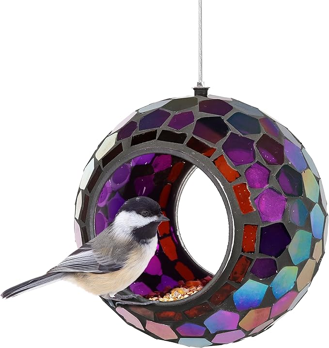 Sunnydaze 6-Inch Glass Mosaic Hanging Bird Feeder for Outdoors - Fly-Through Glass Bird Feeder for Cardinals, Jays, Finches and More - Iridescent Purple Mosaic