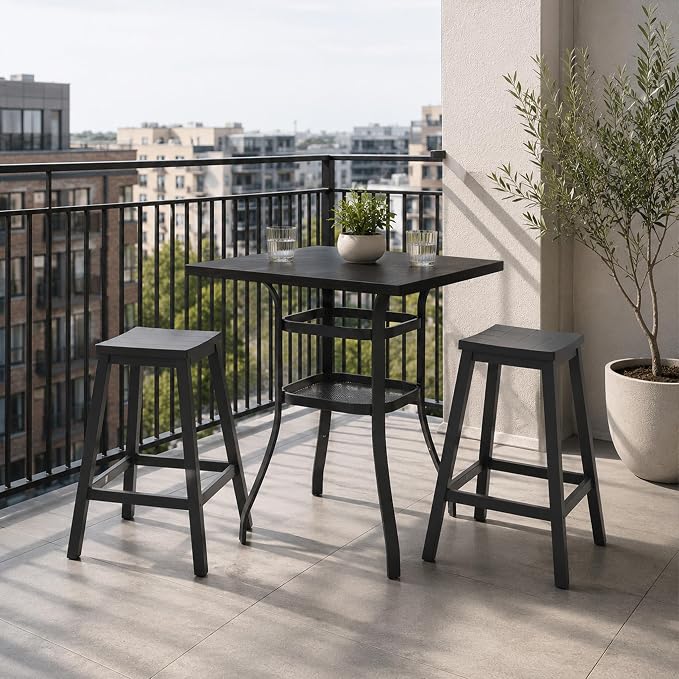 Kozyard 3-Piece Patio Bar Set with 2 Counter Height Bar Stools, Outdoor Bistro Table Set with Marble-Look Tabletop & Storage Shelves, All-Weather Bar Height Dining Set for Backyard, Balcony