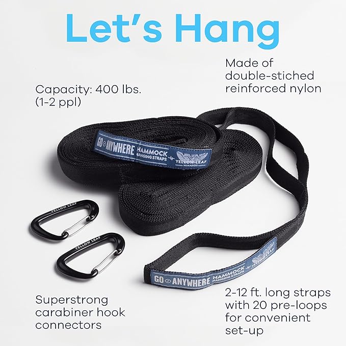 Go Anywhere Hammock Straps by Yellow Leaf Hammocks -Set of Two Nylon Straps, Each 12 Feet Long, 400lb Max - Easy to use, Pre-Looped, Tree Friendly, Super Strong, Color: Black