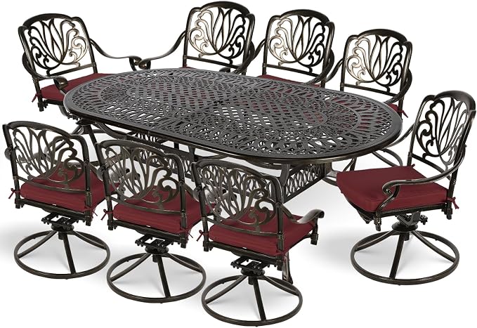 MEETWARM 9-Piece Outdoor Patio Dining Set, All-Weather Cast Aluminum Patio Conversation Set for Backyard Garden Deck with 8 Cushioned Swivel Rocker Chairs, 1 Oval Table, 2" Umbrella Hole, Chili Red