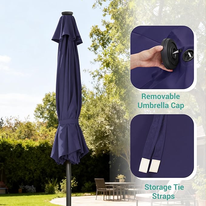 9ft Patio Umbrella Outdoor with Solar Lights,32 LED Lighted Table Market Umbrella with Tilt and Crank, 2-Year-Non-Fading, 8 Sturdy Ribs,for Pool, Deck, Garden,Backyard