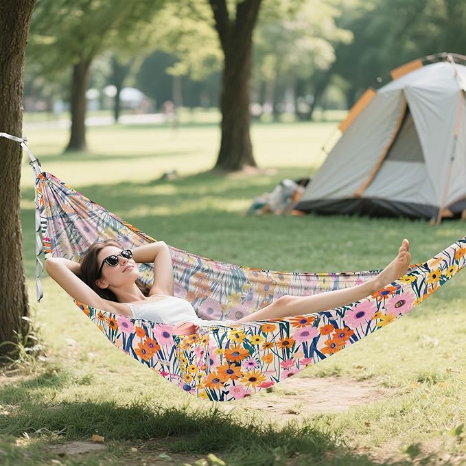 Camping Hammock Outdoor Hammocks for Outside Blooming Flowers Beach Trees Portable Lightweight with Pockets Tree Straps Indoor