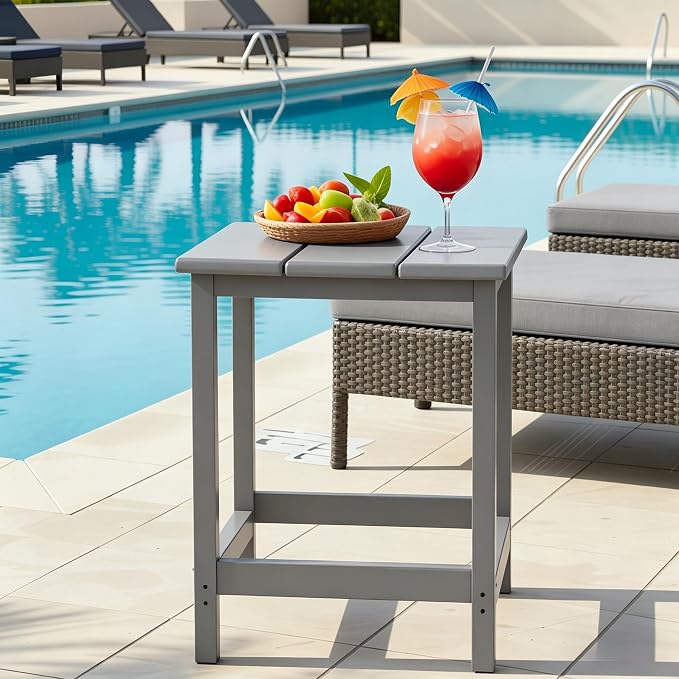 AMILY HDPE Outdoor Square Side Table, All Weather Patio End Table for Adirondack Chair, Heavy Duty Garden Poolside Balcony Table, Easy Assembly (Grey)