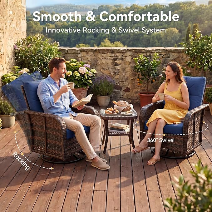 Aoxun 9-Piece Patio Furniture Set with 44” Fire Pit Table, Wicker Outdoor Sectional Sofa with High Back Swivel Rocker Chairs, Outdoor Patio Furniture Set with Thick Cushions & Ottoman, Blue