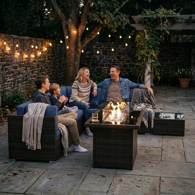 15 Pieces Patio Furniture Set with 44" Propane Gas Fire Pit Table, Outdoor Sectional Brown Rattan Wicker Conversation Sofa Sets with Coffee Table