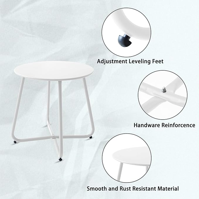 Meluvici Patio Outdoor Side Table Waterproof Round Metal Steel Small Side Table Weather Resistant Portable Outdoor and Indoor End Table for Garden Balcony Yard, White