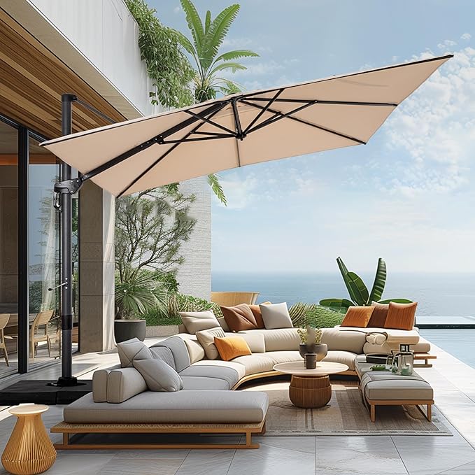 Sophia & William Cantilever Patio Umbrella 10ft,Large Square Outdoor Umbrellas with Crank Handle, 7-Level Tilt,360° Rotation, Windproof Crashproof Design for Pool Garden Backyard with Base (Beige)