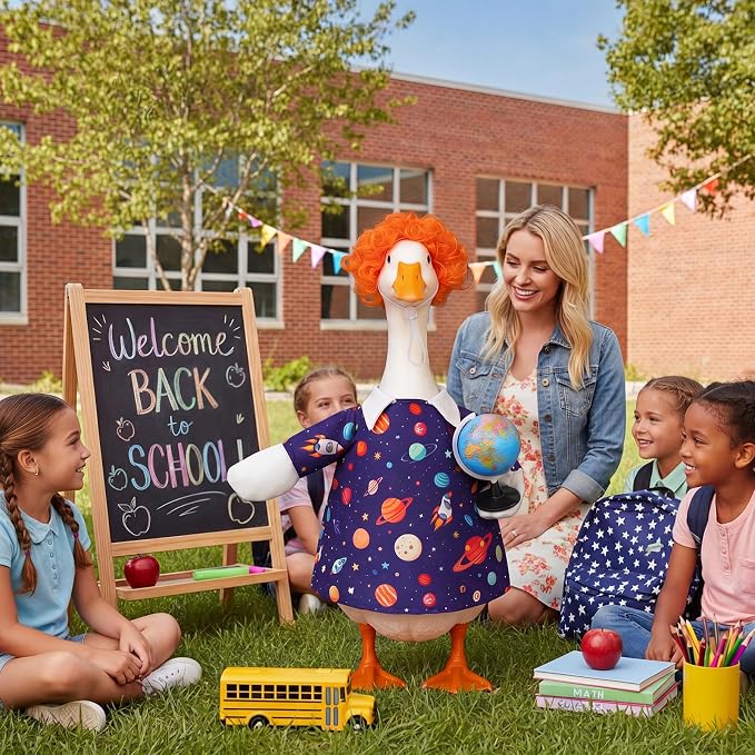 Outus Back to School Porch Goose Outfits Includes Galaxy Print Dress Orange Wig and Globe Prop First Day of School Classroom Goose Clothing for Outdoor Garden Yard Patio Lawn 23" Statue