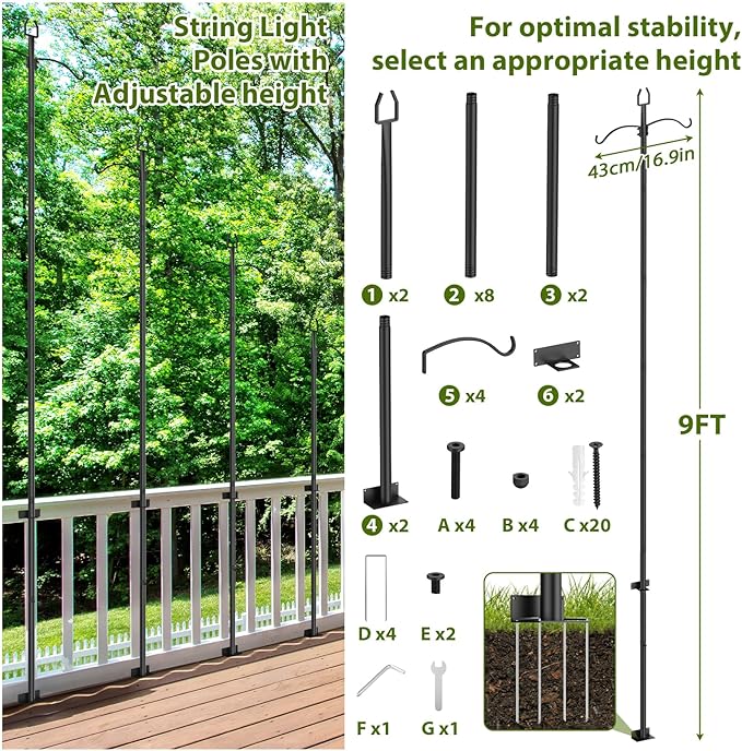 ETELI 2 Pack Light Poles for Outside, 9FT String Light Poles with Ground Stakes, Heavy Duty Outdoor Light Poles for Hanging Lanterns Patio Light Poles for Backyard Decor Wedding Party Camping, Black