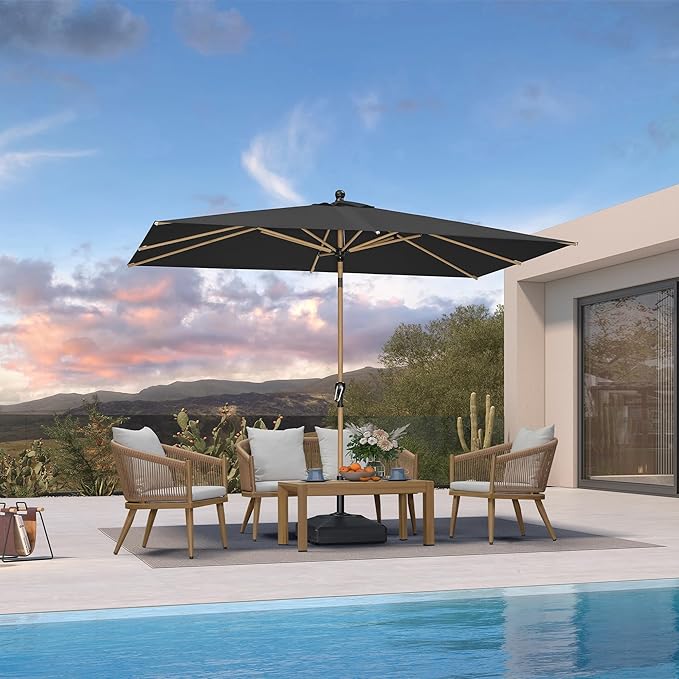 PURPLE LEAF 6.5' x 10' Market Umbrella Patio Umbrella Rectangular Outdoor Table Umbrella Aluminum with Push Button Tilt & 8 Sturdy Ribs and Crank for Pool Backyard Beach, Black