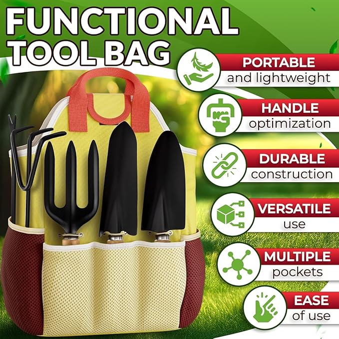 10 Pcs Gardening Tools for Women – Ergonomic Lightweight Metal Garden Tools Set with Convenient Organizer Handbag – Easy Handling for Outdoor Plant Care | Gardening Gifts for Women for Home Use