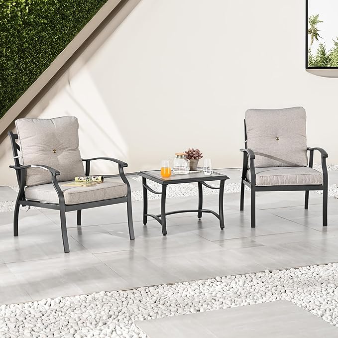 3 Pieces Patio Conversation Set Metal Outdoor Furniture Chairs with Cushion Tile-top Side Table (Grey)