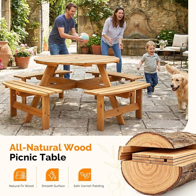 VINGLI Wood Picnic Table Outdoor Round Picnic Table with 7.5ft Umbrella and 4 Built-in Benches, Outdoor Dining Tables and Chairs 550 LBS Bench Capacity (Gray, Round)