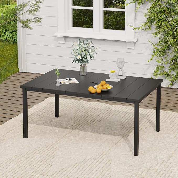 VICLLAX 8 Pieces Patio Dining Set with Umbrella, Patio Furniture Set of Metal Outdoor Table with Umbrella Hole and 6 Swivel Patio Chairs & Blue Patio Umbrella for Backyard Lawn, Dark Blue & Black