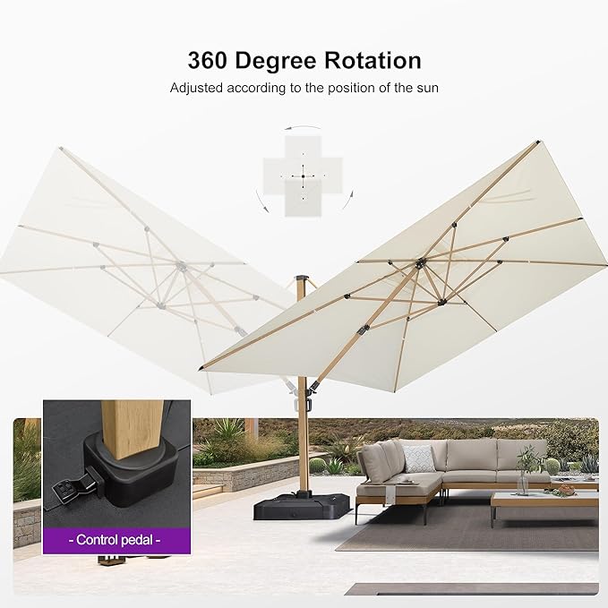 PURPLE LEAF 12FT Patio Umbrella With Base Square Cantilever Umbrella Teak Finished Aluminum Frame Large Windproof Offset Outdoor Sun Umbrellas for Beach Pool Deck, Cream