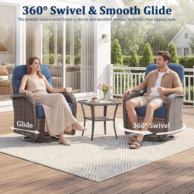 Outdoor Swivel Rocking Chair Patio Set (10pcs) High-Back - Thick Cushion Swivel Rocking Chair Patio Chairs Set, All-Weather Wicker Patio Furniture Set, Suitable for Balcony Patios, Brown/Blue