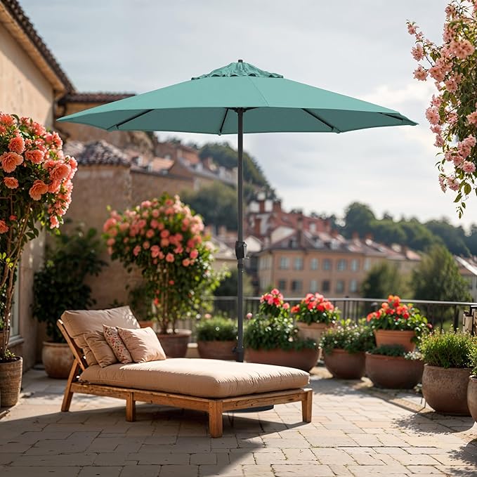 California Umbrella 12-Year Protection 9-Ft Outdoor Patio Umbrella, Sunbrella Fade-Resistant Fabric, Auto-Tilt, Heavy Duty Aluminum Frame, 8 Reinforced Ribs for Pool or Deck, Bronze Pole, Aruba