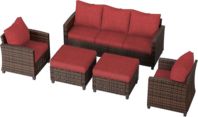 UDPATIO Patio Conversation Set, 5 Pieces Outdoor Furniture Set, All-Weather Wicker Rattan High Back Outdoor Sectional Sofa Set with Ottoman for Poolside, Backyard, Brown Wicker Wine Red Cushions