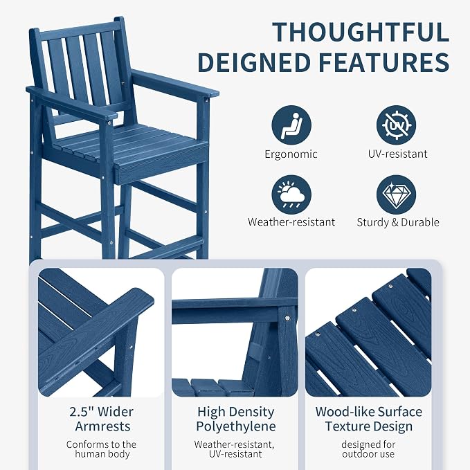 Adirondack Bar Chair Set of 2, All Weather HDPE Counter Height Bar Chair with Wide Amrests & Footrest Heavy-Duty Outdoor Bar Height Barstools Set for Patio, Balcony, Pool, Backyard, Blue