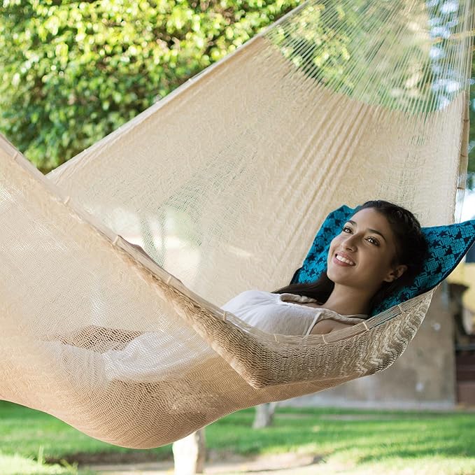 NOVICA Natural Off White Hand Woven Nylon Mayan 2 Person XL Rope Hammock with Hanging Accessories, 'Caribbean Beach' (Double)