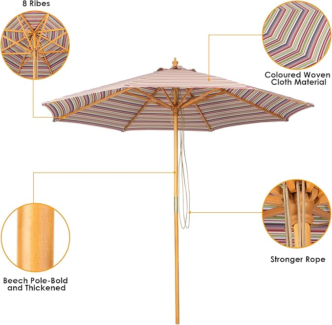 9ft Wooden Umbrella, Outdoor Patio Umbrella, Wood Market Umbrella, Patio Umbrella Wood Pole with Pulley Lift for Garden, Yard, Deck, Pool, Market