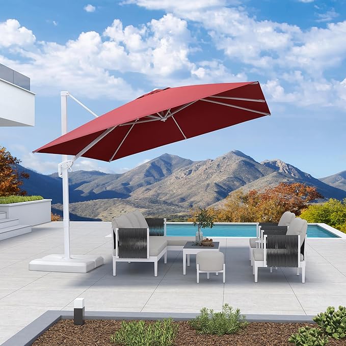 PURPLE LEAF 10 FT Patio Umbrella White Cantilever Umbrella Aluminum Square Outdoor Offset Umbrella Hanging Windproof with 360° Rotation for Garden Deck Pool, Red