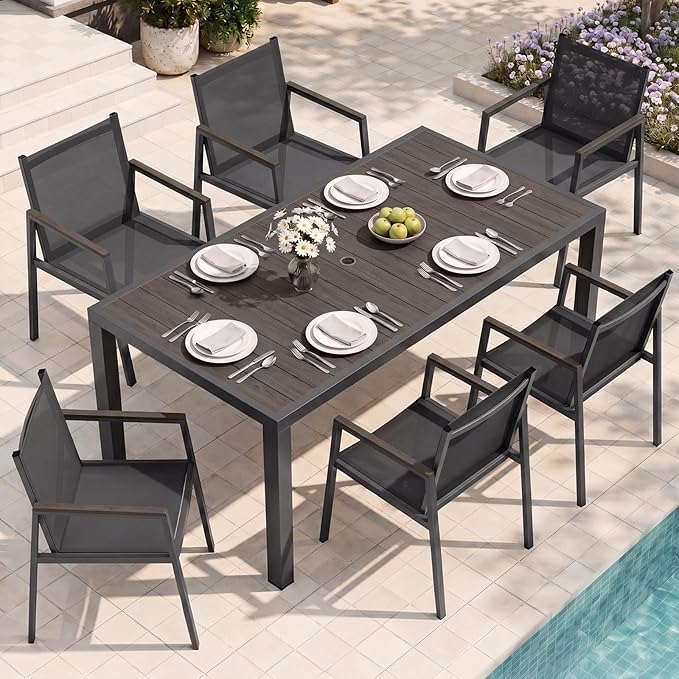 Outdoor Dining Set, 7 Piece Aluminum Patio Table and Chairs Set, All Weather Patio Dining Furniture Set with Umbrella Hole for Backyard, Deck, Poolside (Charcoal)