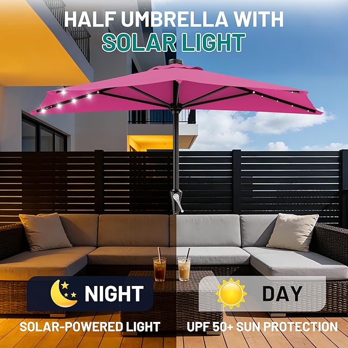AreShark 9ft Patio Half Umbrellas with Solar Lights, 1/2 LED Half Outdoor Umbrella w/ 20 LED Lights, Lighted Table Wall Umbrella with Crank & 5 Sturdy Ribs for Market, Pool, Deck, Lawn and Garden, Rose Pink