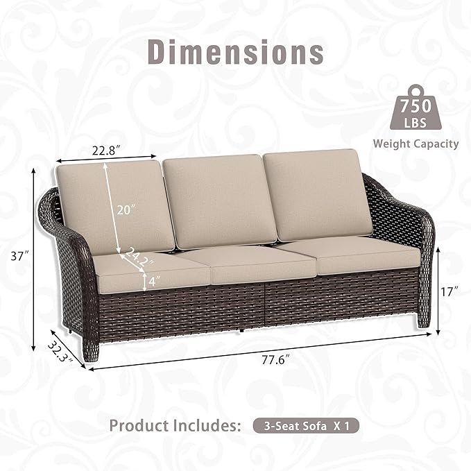 3 Piece Patio Wicker Conversation Set, All-Weather Use Outdoor Wicker Sofa with 2 PE Rattan 360 Swivel Chair, Ideal for Porch, Backyard, Balcony, Poolside, Beige
