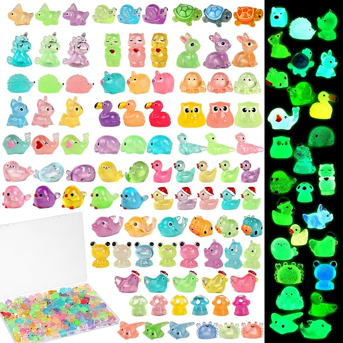 160PCS Luminous Mini Resin Animals 96 Styles Variety Mini Resin Figures | Mini animal figurines bulk, waterproof, fade-resistant for fairy garden, landscape accessories, hide crafts, aquarium decor