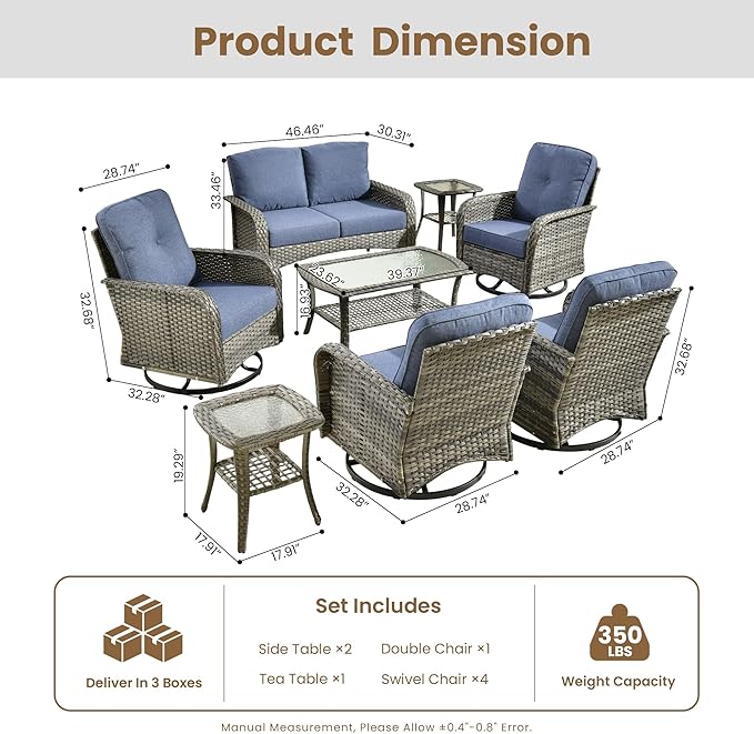 8 Pieces Outdoor Patio Furniture Set with Coffee Table, All Weather Wicker Patio Conversation Sets with Rocking Chairs, Balcony Furniture Sets for Backyard, Garden, Poolside, Denim Blue