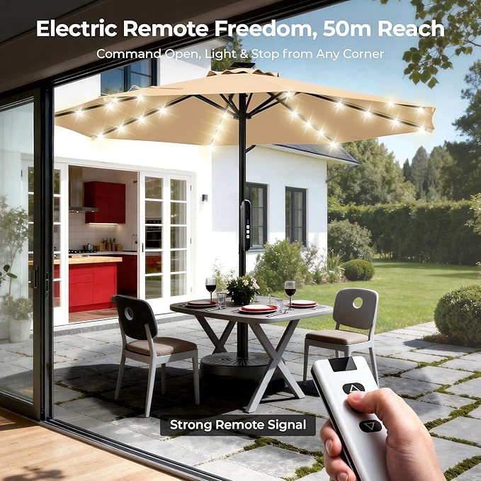 HOMSHADE 9FT Motorized Patio Umbrella with Remote Control & Solar Lights, Outdoor Table Umbrella with One-Button Switch for Deck, Backyard, Pool(Buff)