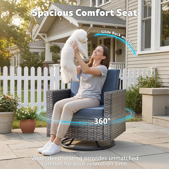 CAODOC 7-Piece Outdoor Wicker Patio Set with 7 Seats, Including 53" Fire Pit - Swivel Rocker Chairs and Conversation Set for Backyard or Lawn, Gray Rattan with Waterproof Blue Cushions